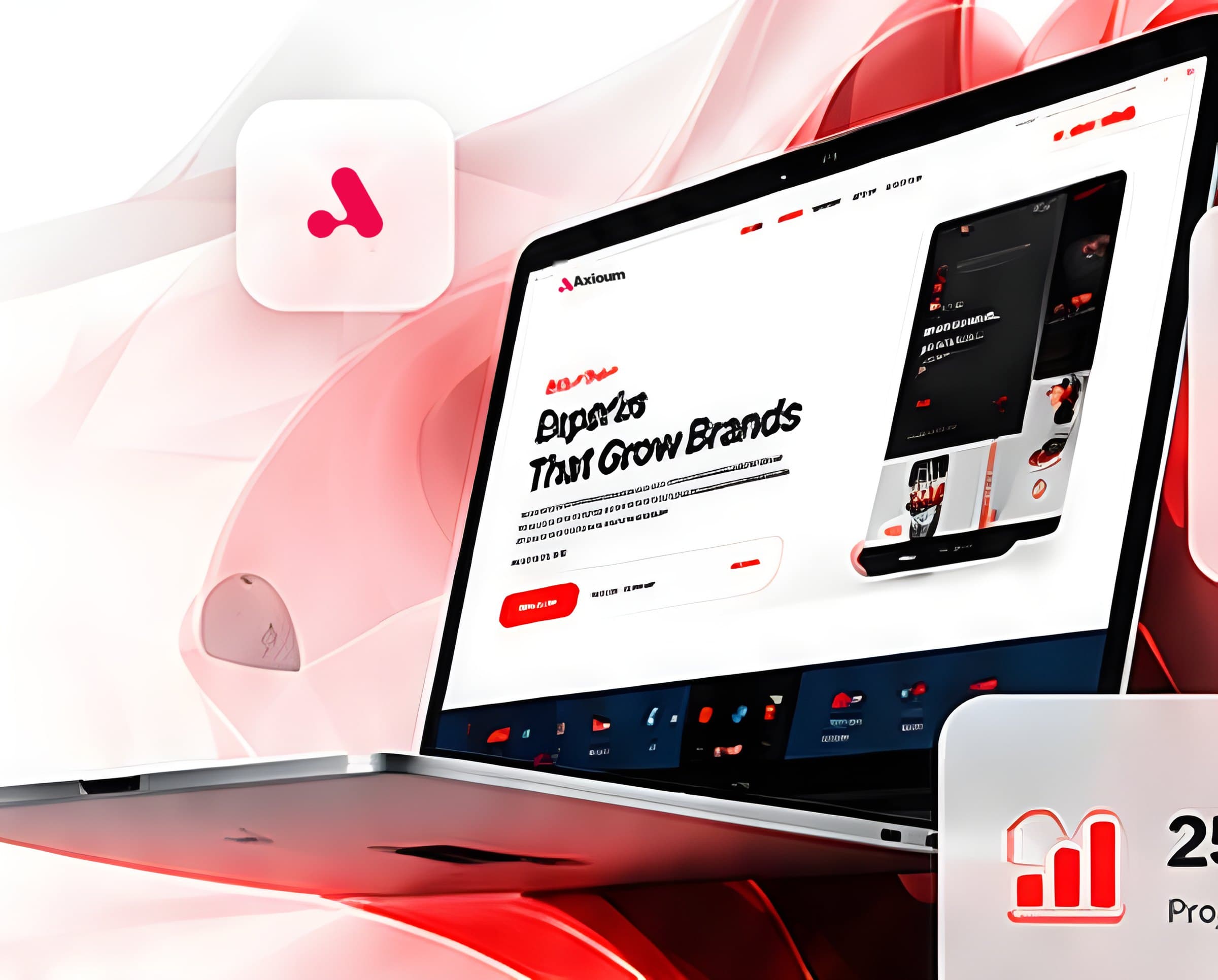 Laptop displaying an AXIOUM-designed website surrounded by flowing red abstract shapes